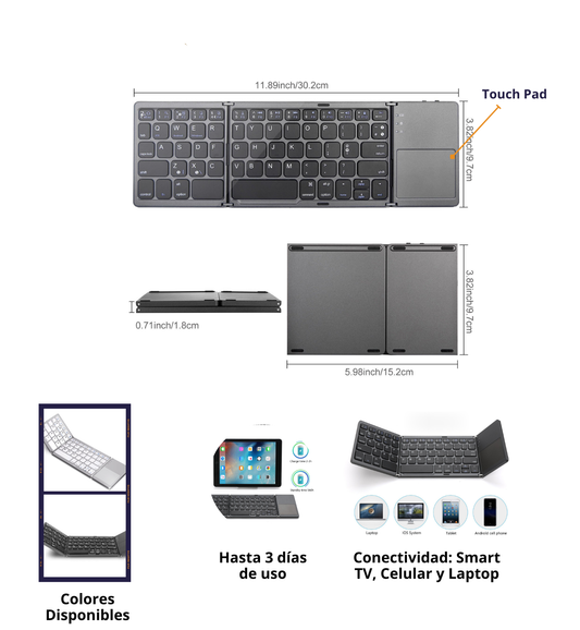 Mini Teclado Inalámbrico Bluetooth Plegable con Touch Pad delgado